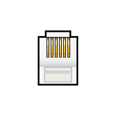 This illustration showcases the AV:Link RJ12 Crimp Modular Plug (6P6C), detailing its RJ45 Ethernet connector head with gold-plated pins and its characteristic rectangular form. The plug features copper conductors akin to those found in an RJ45 connector and is frequently used for network cable connections.