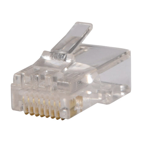 AVSL RJ45 8P8C modular crimp plug for Cat5e and Cat6 Ethernet cables, transparent polycarbonate body with eight gold contacts, on a white background.