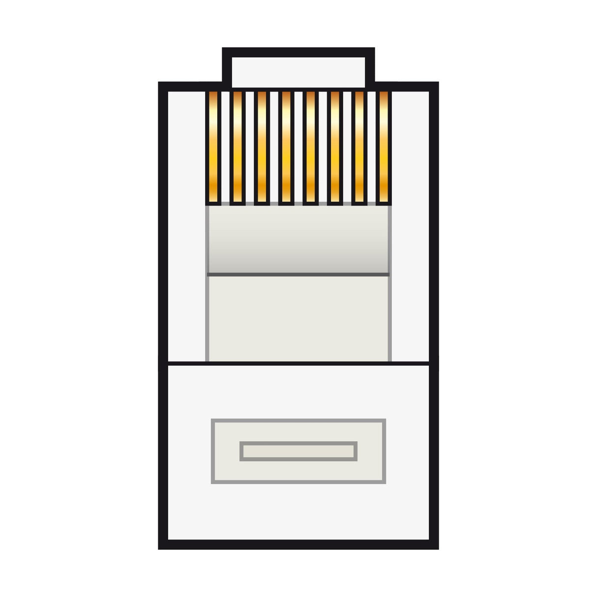 An illustration of a paper shredder with a rectangular base and a top section featuring vertical yellow and black stripes resembles the AV:Link Modular Plug RJ45 (8P8C) - Bulk. A handle is positioned at the top, similar to that plug, and it includes a paper feed slot and a drawer for shredded pieces.