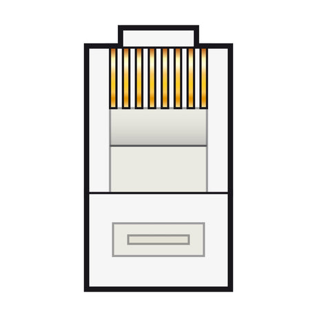 An illustration of a paper shredder with a rectangular base and a top section featuring vertical yellow and black stripes resembles the AV:Link Modular Plug RJ45 (8P8C) - Bulk. A handle is positioned at the top, similar to that plug, and it includes a paper feed slot and a drawer for shredded pieces.