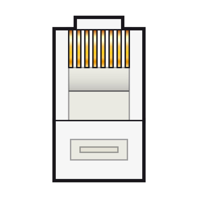 An illustration of a paper shredder with a rectangular base and a top section featuring vertical yellow and black stripes resembles the AV:Link Modular Plug RJ45 (8P8C) - Bulk. A handle is positioned at the top, similar to that plug, and it includes a paper feed slot and a drawer for shredded pieces.