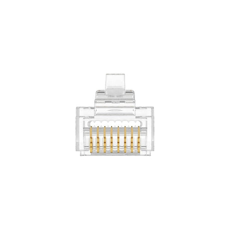 AV:Link pass-through RJ45 8P8C modular plug with transparent housing and eight copper contacts, shown front-on against a plain white background.