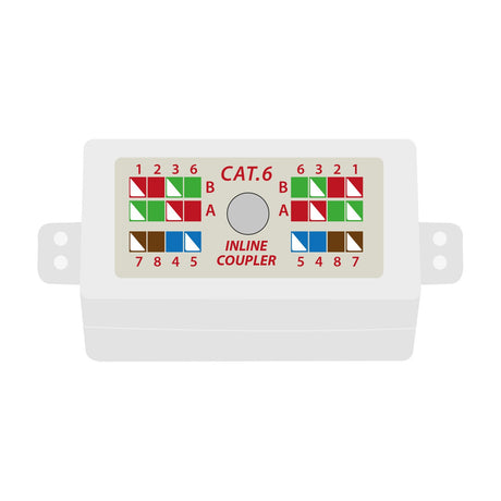 AV:Link Cat6 Inline Coupler in white ABS housing with colour-coded T568A and T568B punch-down wiring diagram printed on top, shown on a plain background.