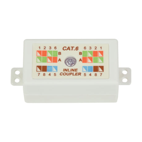 AV:Link Cat6 Inline Coupler in white ABS housing with colour-coded T568A and T568B wiring diagram and side mounting tabs on a plain background.