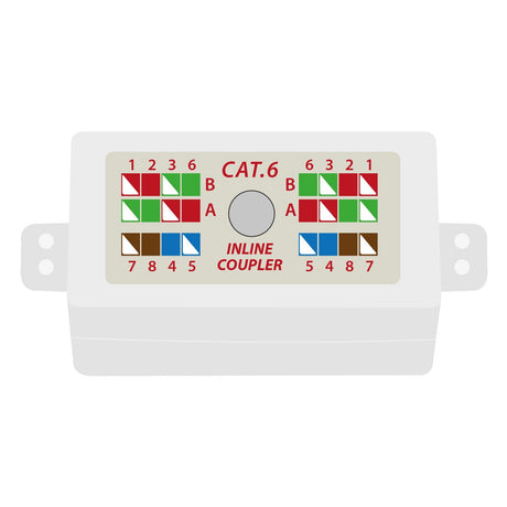 Illustration of the AV:Link Cat6 Inline Coupler with wiring diagrams labeled A and B for various port configurations, demonstrating simple installation. The white background accentuates the colored network cables and numbered pins, providing a clear sequence for an effortless setup.