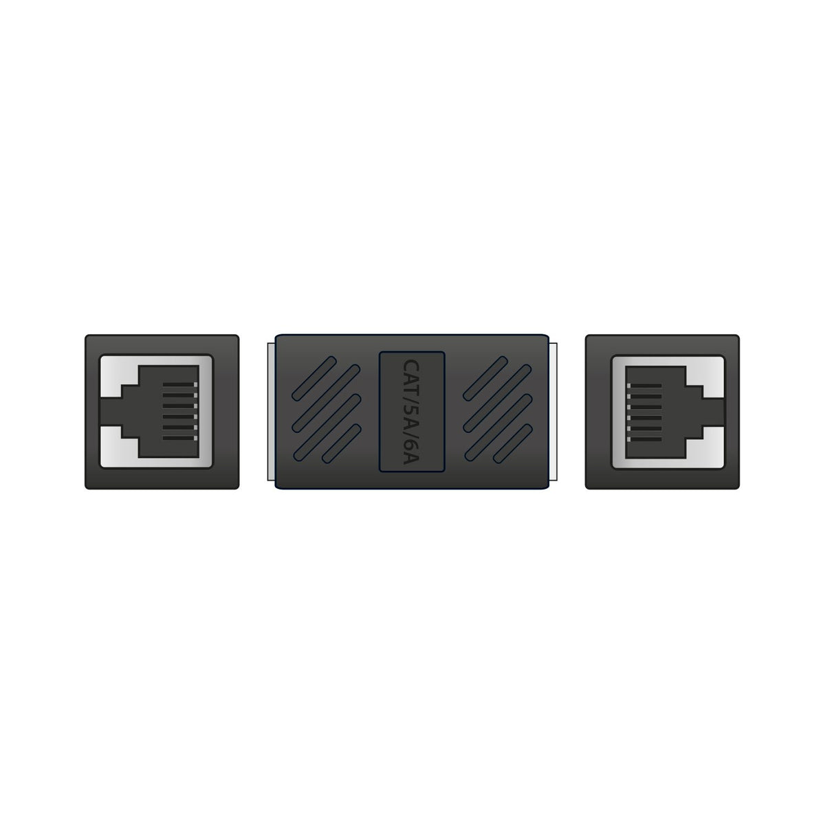 AV:Link Cat6 RJ45 inline coupler by AVSL, black female-to-female adapter shown with both 8P8C ports exposed, on a plain white background.
