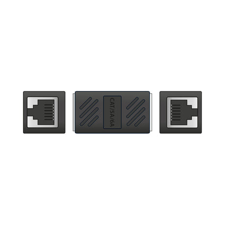 AV:Link Cat6 RJ45 inline coupler by AVSL, black female-to-female adapter shown with both 8P8C ports exposed, on a plain white background.