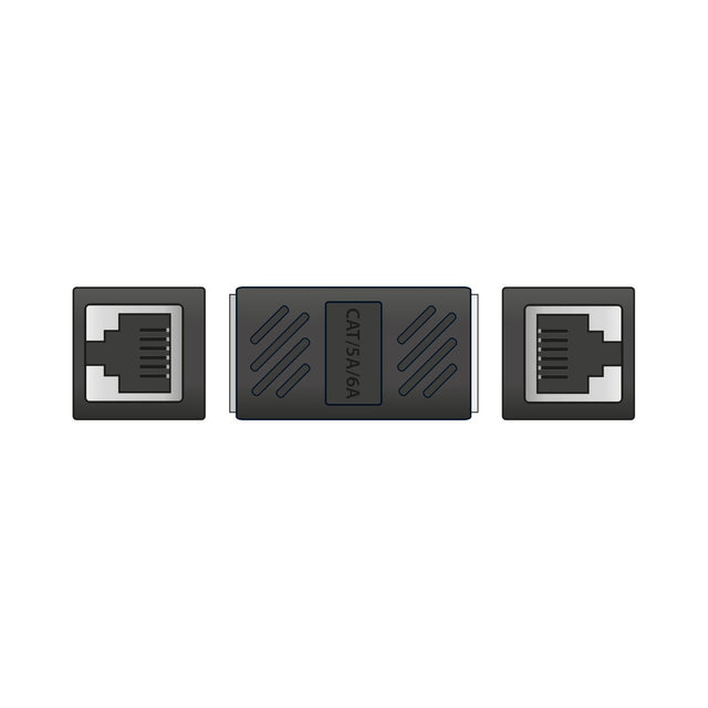 AV:Link Cat6 RJ45 inline coupler by AVSL, black female-to-female adapter shown with both 8P8C ports exposed, on a plain white background.