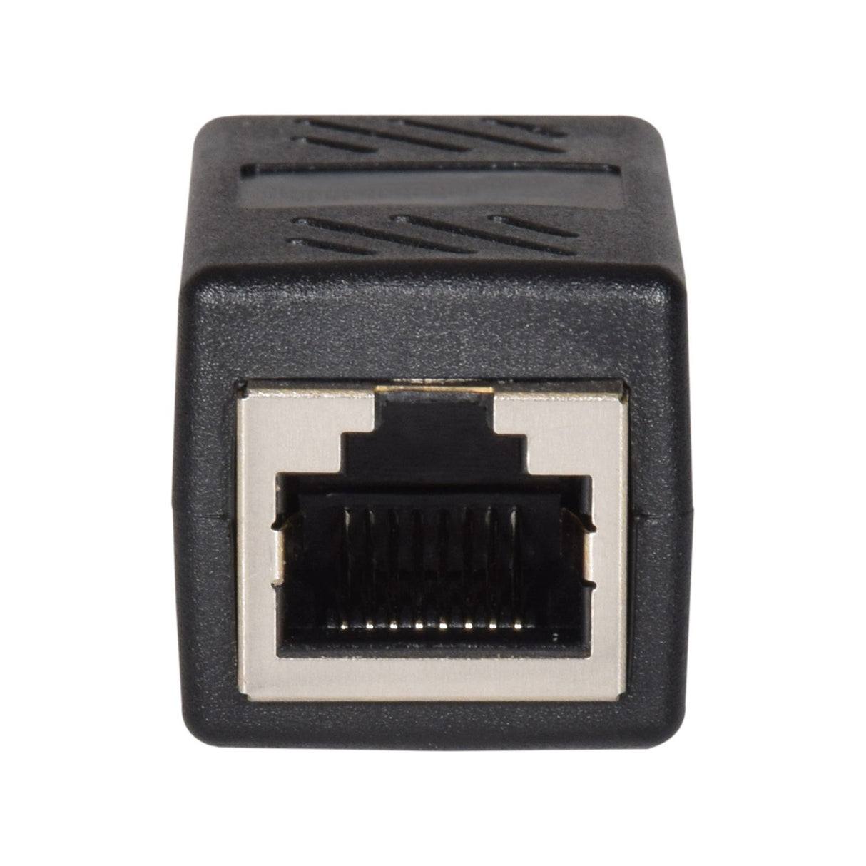 AV:Link Cat6 RJ45 inline coupler by AVSL, black plastic housing with nickel-plated female 8P8C port shown front-on against a plain white background.