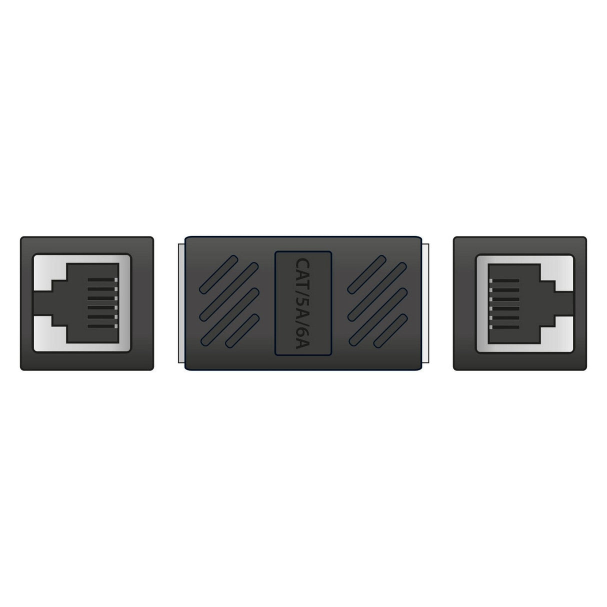 Illustration of a high-speed performance AV:Link Cat6 RJ45 Inline Coupler featuring two RJ45 ports on either side. The center section displays the AV:Link branding. This coupler is perfect for ethernet extension, effortlessly connecting two Ethernet cables together.