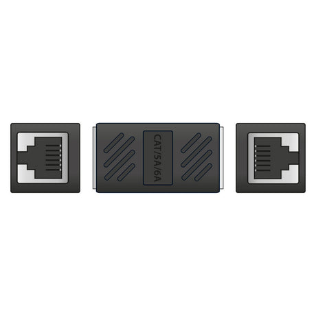 Illustration of a high-speed performance AV:Link Cat6 RJ45 Inline Coupler featuring two RJ45 ports on either side. The center section displays the AV:Link branding. This coupler is perfect for ethernet extension, effortlessly connecting two Ethernet cables together.