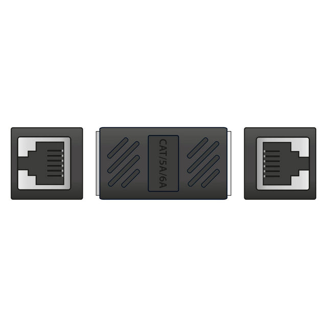 Illustration of a high-speed performance AV:Link Cat6 RJ45 Inline Coupler featuring two RJ45 ports on either side. The center section displays the AV:Link branding. This coupler is perfect for ethernet extension, effortlessly connecting two Ethernet cables together.