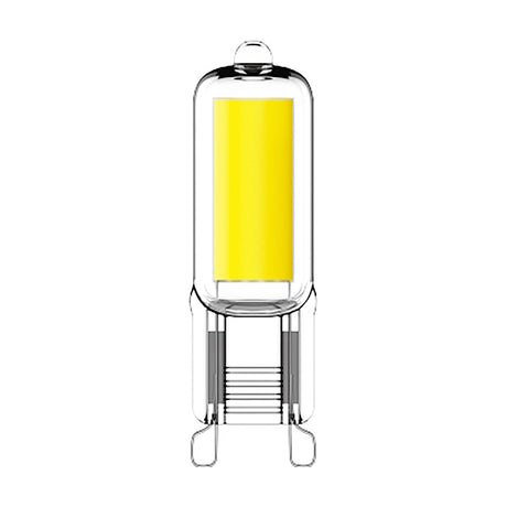 HaloLED G9 2.5W capsule light bulb, 13mm clear glass with visible yellow LED filament and metal G9 pins, shown on a plain white background.