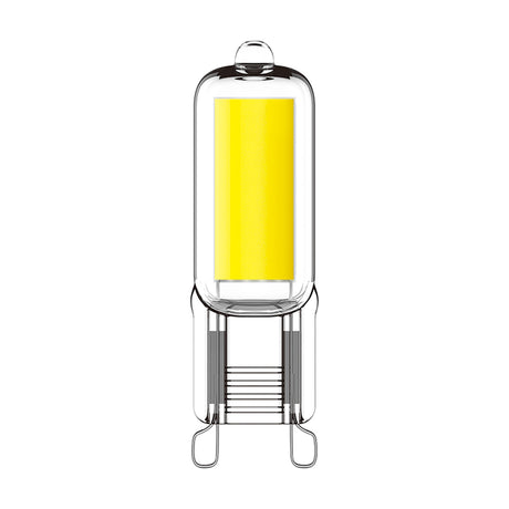 HaloLED G9 4W LED capsule bulb with clear glass casing, twin-pin fitting and yellow COB filament visible, 4000K, 450lm, shown on a plain white background.