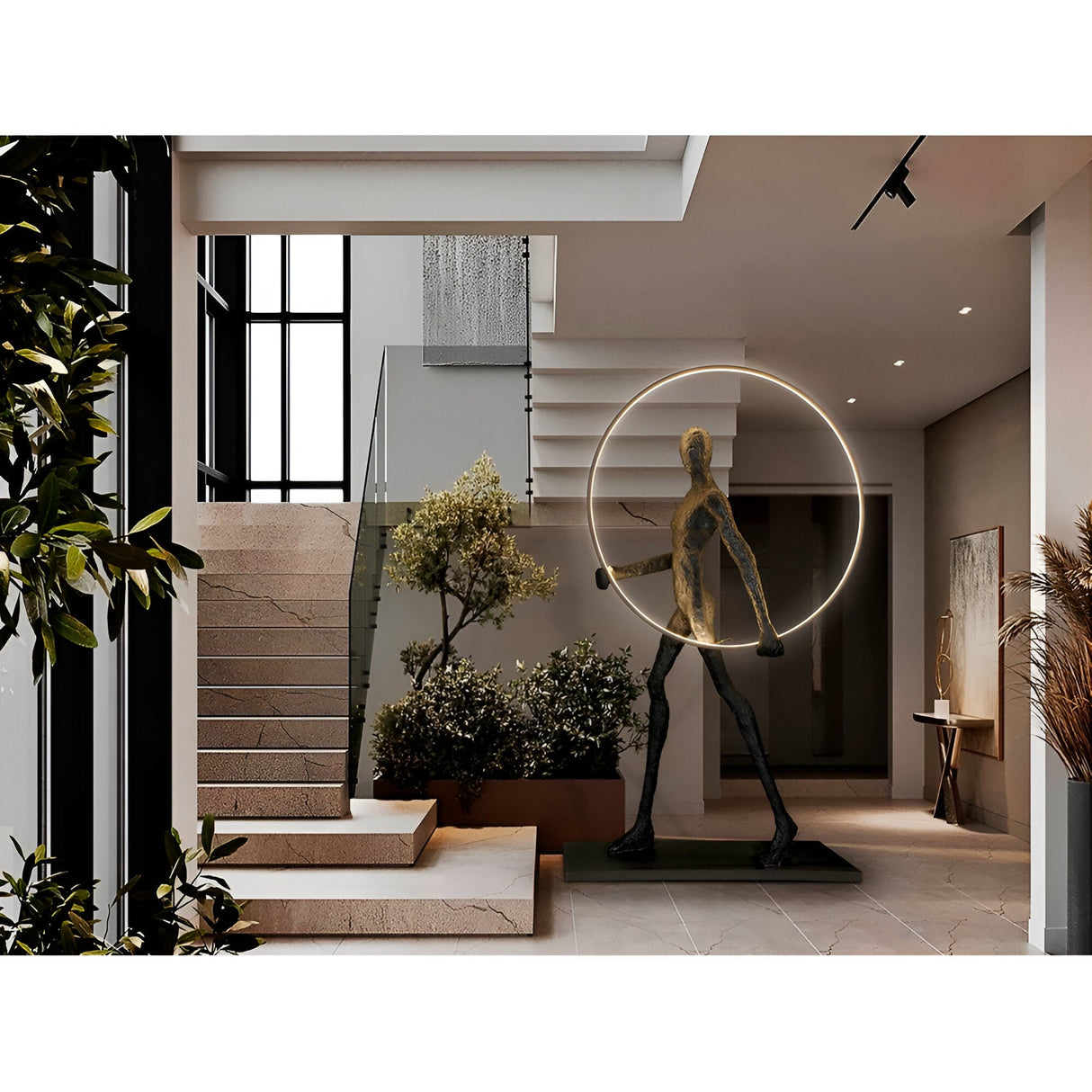 Caminante Black LED Light Standing Sculpture With LED Ring Light - 218cm