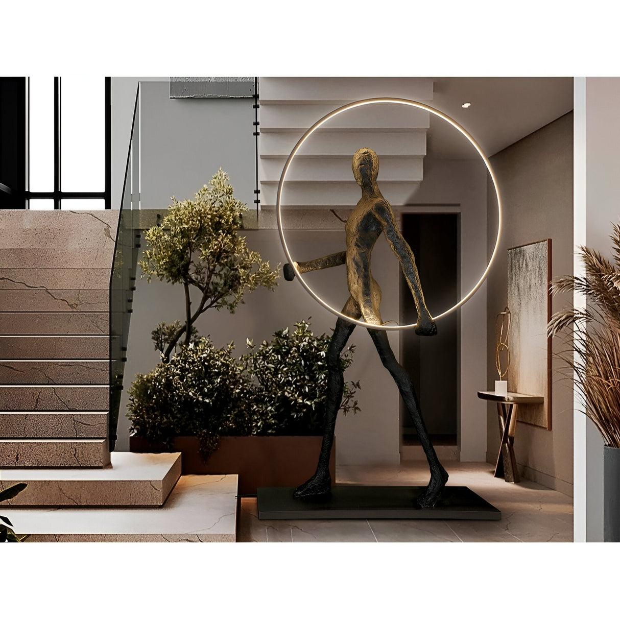 Caminante Black LED Light Standing Sculpture With LED Ring Light - 218cm