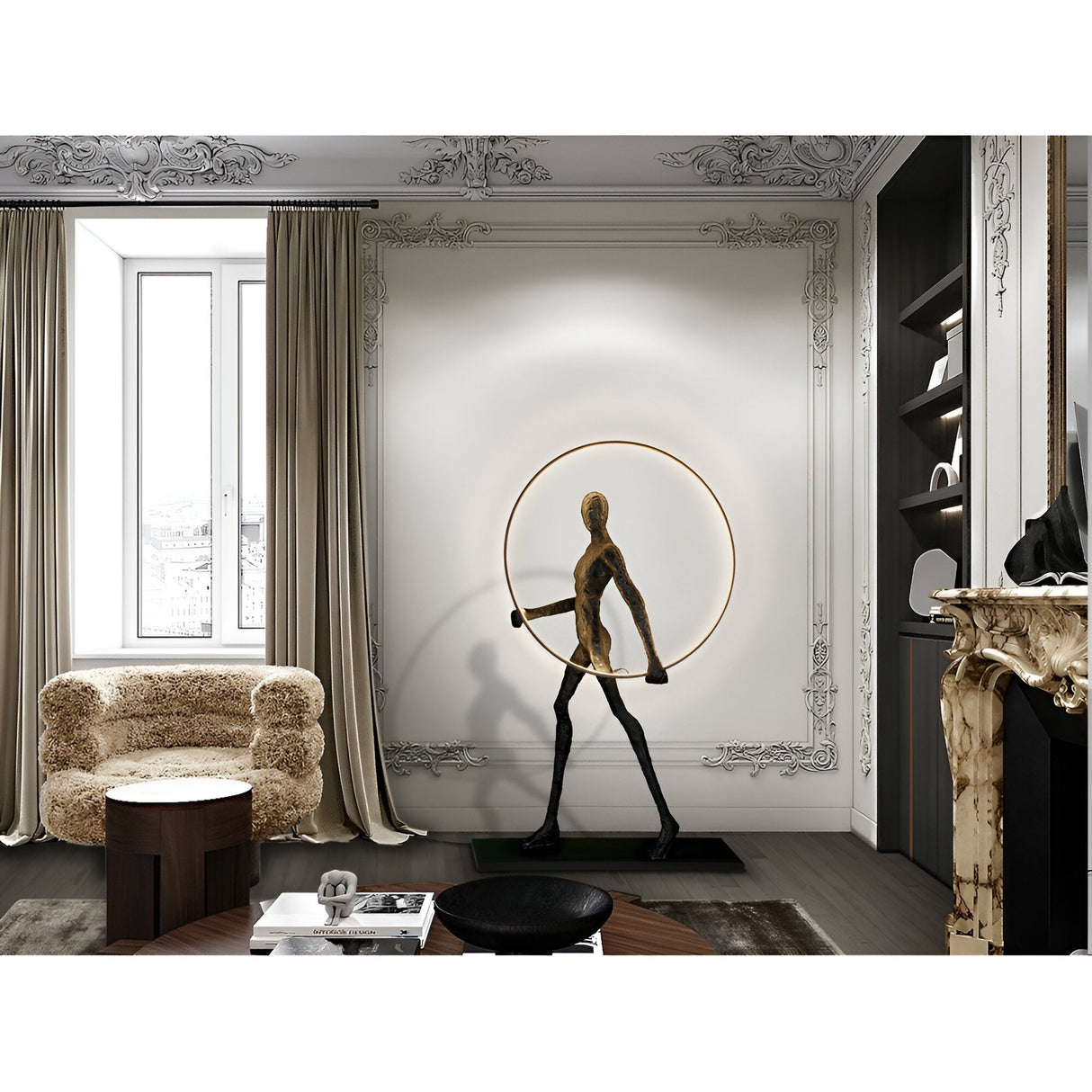 Caminante Black LED Light Standing Sculpture With LED Ring Light - 150cm