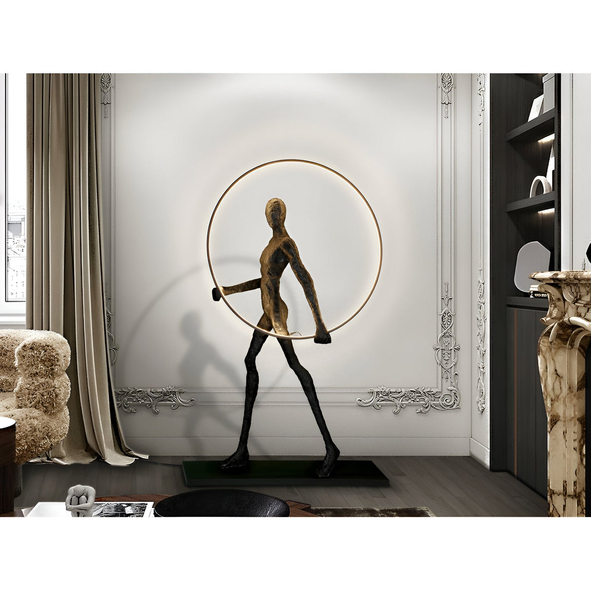 Caminante Black LED Light Standing Sculpture With LED Ring Light - 150cm