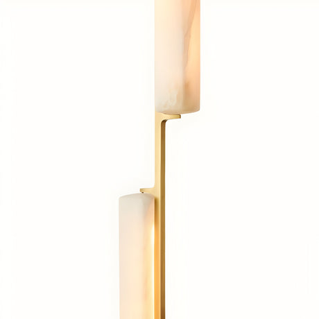 The Selvara LED Vertical Duo Alabaster Single Pendant Light, featuring a brushed brass frame and soft white alabaster shades, is presented against a plain white background.