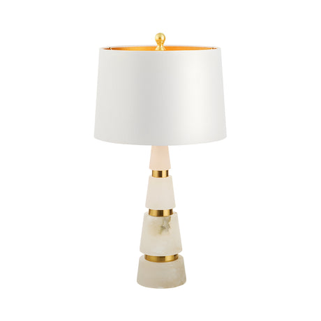 The Zarethis 1 Light Stacked Alabaster Table Lamp in brass and soft white brings elegance and brightness to any space with its sophisticated design and white shade.