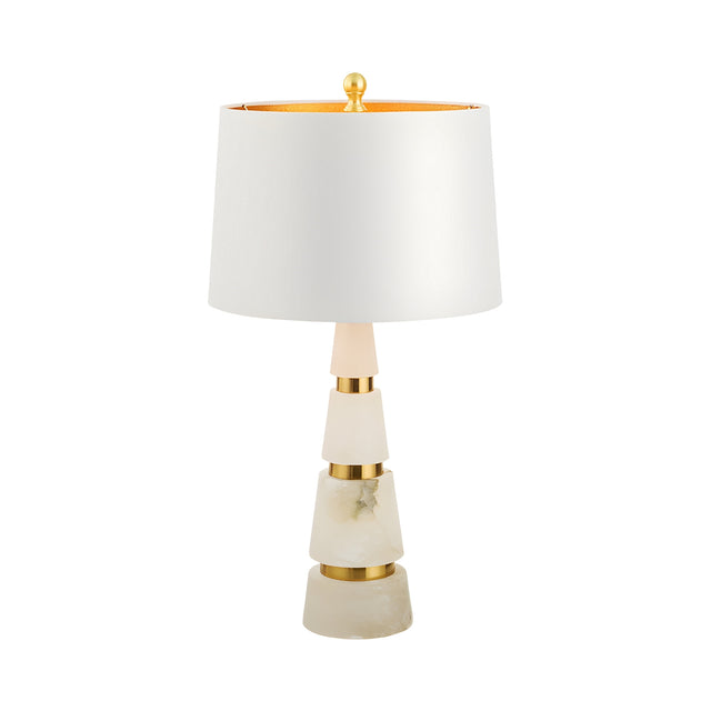 The Zarethis 1 Light Stacked Alabaster Table Lamp in brass and soft white brings elegance and brightness to any space with its sophisticated design and white shade.