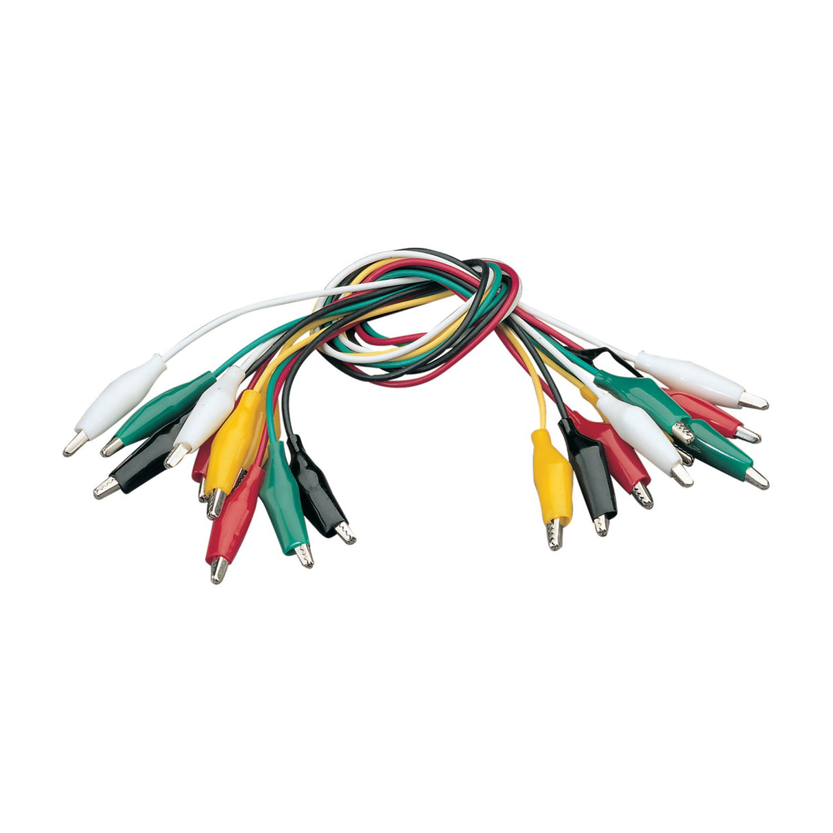 AVSL Mercury test lead set with ten 500mm colour-coded wires and insulated 25mm crocodile clips in red, black, green, yellow and white pairs.