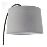 Close-up of the Endon Bevbourne floor lamp's tilting light grey fabric shade and matt black arched arm against a white background.