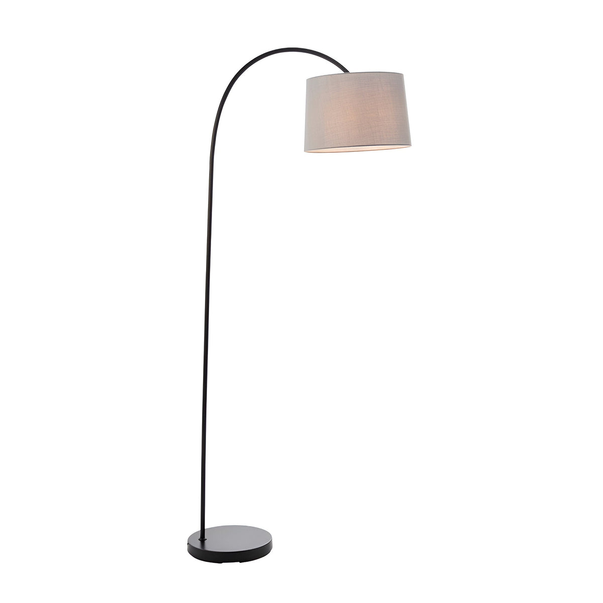 Endon Bevbourne arc floor lamp with matt black metal stand, curved arm and tilting light grey fabric drum shade, on a plain white background.