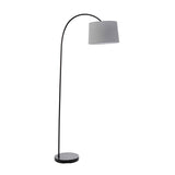 Endon Bevbourne arc floor lamp in matt black with a tilting light grey fabric shade and round base, shown on a plain white background.