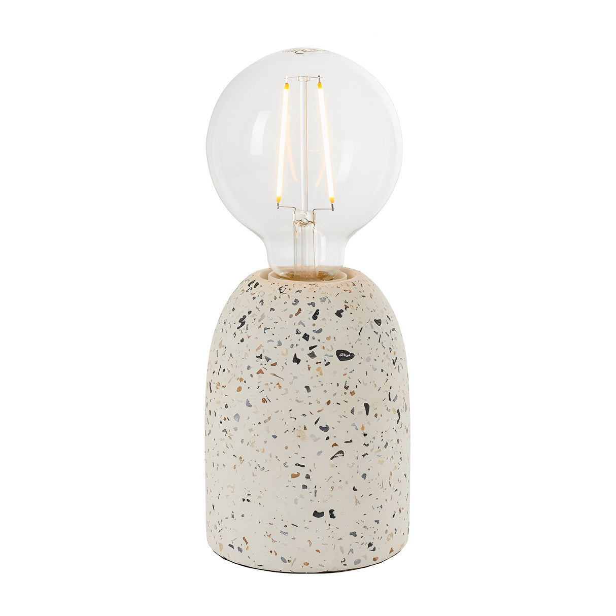 Endon Crangrove small table lamp with a white speckled terrazzo base and exposed E27 filament globe bulb, shown on a plain white background.