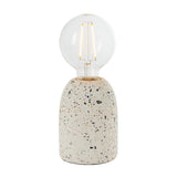 Endon Crangrove small table lamp with a white speckled terrazzo base and exposed E27 filament globe bulb, shown on a plain white background.