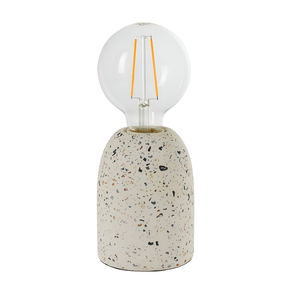 Endon Crangrove small white terrazzo table lamp with speckled composite base and exposed E27 filament globe bulb, shown on a plain white background.