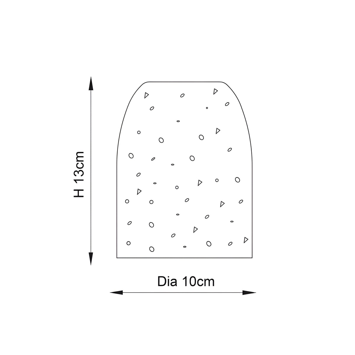 Technical line drawing of the Endon Crangrove table lamp showing dimensions of 13cm height and 10cm diameter with a speckled terrazzo pattern.