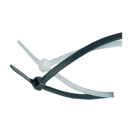 Mercury 4.8x300mm nylon cable ties shown in black and white with self-locking heads interlinked on a plain white background.