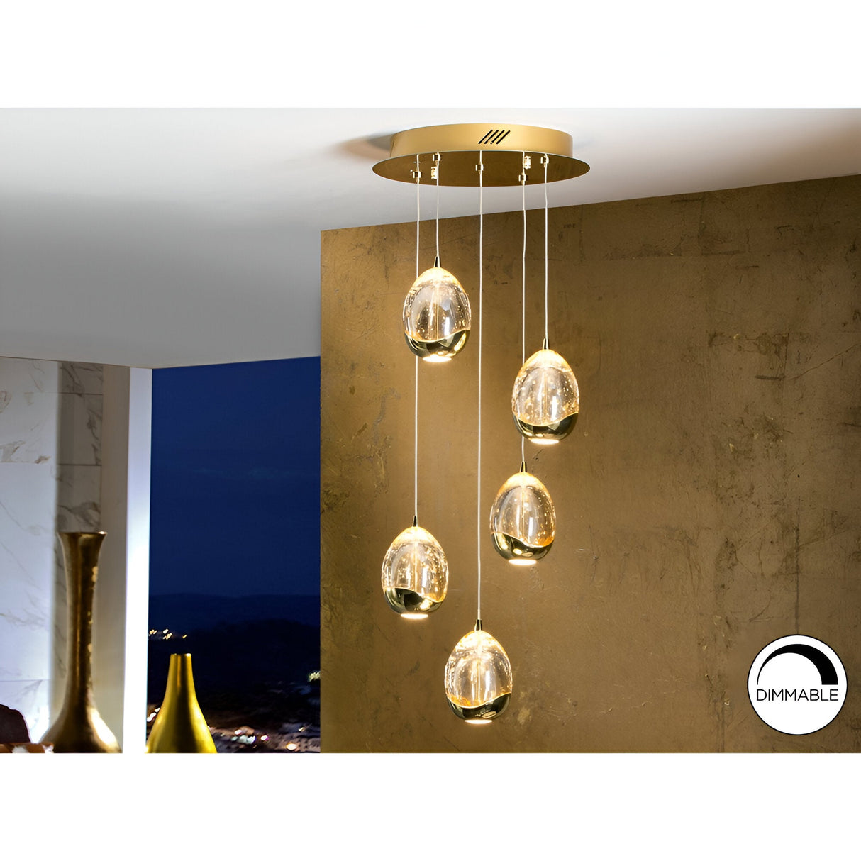 Rocio 5 Light Dimmable LED Glass Cluster Pendant 25W 3000K - Champagne