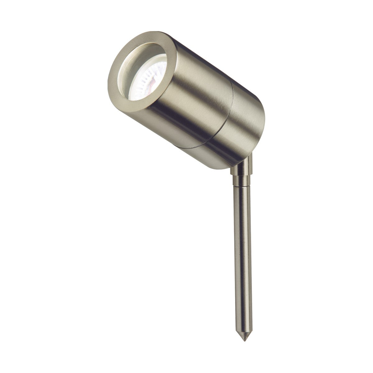Introducing the Spike Light Stainless Steel - Lightweight: a sleek, silver outdoor LED spotlight featuring a cylindrical head and a stainless steel stake for easy ground insertion. This IP65-rated GU10 garden spike spotlight offers modern, minimalist styling, perfect for illuminating gardens or pathways.