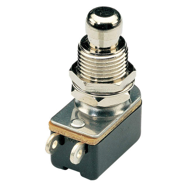 The Chord Heavy Duty Footswitch - Push To Make is a robust footswitch with a metallic construction and a cylindrical button on top, featuring two connectors at the bottom. It provides momentary action, making it perfect for guitar effects pedals and other electronic devices.