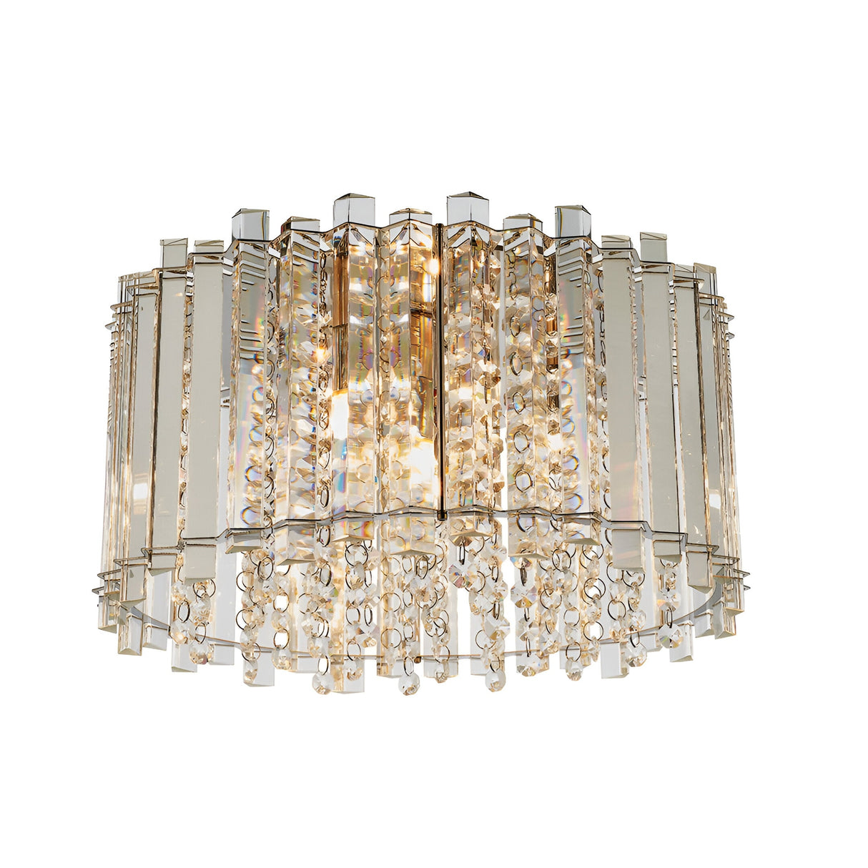 Brenbourne Flush Ceiling Light in chrome, a drum-shaped fixture with rows of clear K5 crystal and faceted glass droplets, shown on a plain white background.