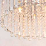 Close-up of the Brenbourne flush ceiling light with tiered clear K5 crystal strands and faceted glass droplets on a polished chrome frame.