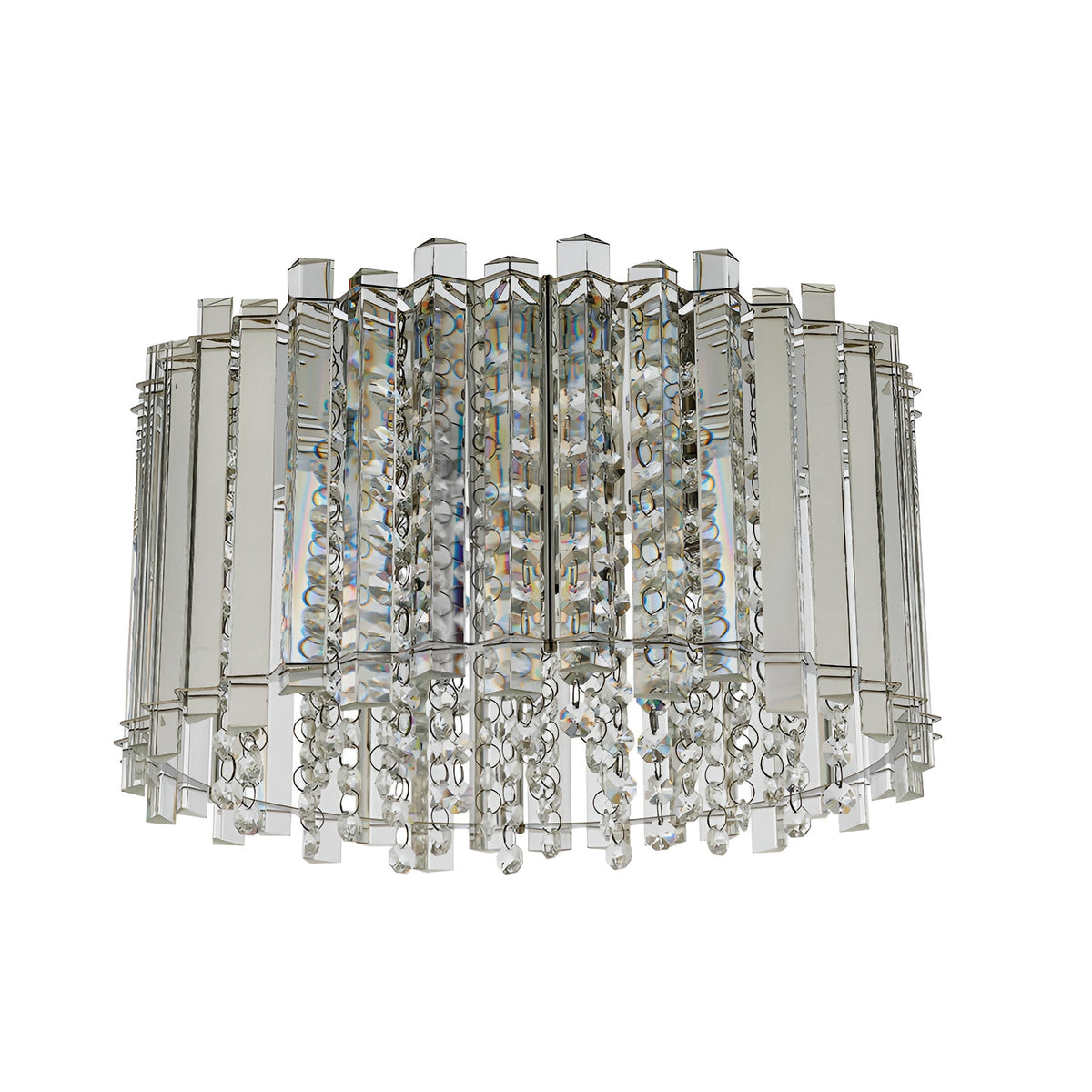 Brenbourne Flush Ceiling Light in polished chrome with vertical crystal glass rods and faceted droplets, shown on a plain white background.