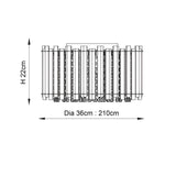 Brenbourne Flush Ceiling Light in chrome with clear K5 crystal and faceted glass droplets, technical line drawing showing H 22cm, Dia 36-210cm.