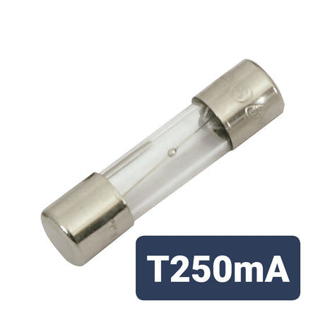 The Mercury 5 x 20mm T250mA Slow Blow Fuses have metal-capped glass tubes and are designed for time-delay protection in electronic circuits. A dark background is visible in the lower right corner.