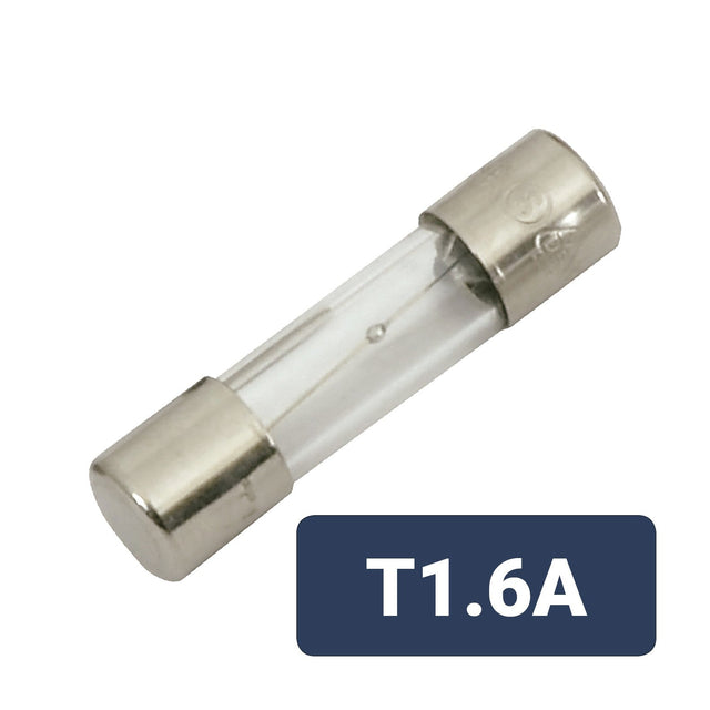 The Mercury 5 x 20mm T1.6A Slow Blow Fuse features a glass cartridge with metal end caps, T1.6A label in white on dark blue, is IEC compliant, and offers reliable circuit protection with a 1.6 ampere rating.