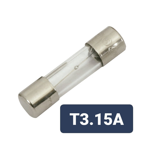 A Mercury 5 x 20mm T3.15A Slow Blow Fuse with metal end caps is shown, featuring a white-on-dark label that indicates its suitability for IEC approved applications.