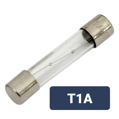 The image shows a Mercury 6 x 32mm T1A Slow Blow Fuse, featuring a glass cartridge with metal caps at both ends. A dark blue box beside it displays T1A, indicating its type and rating.