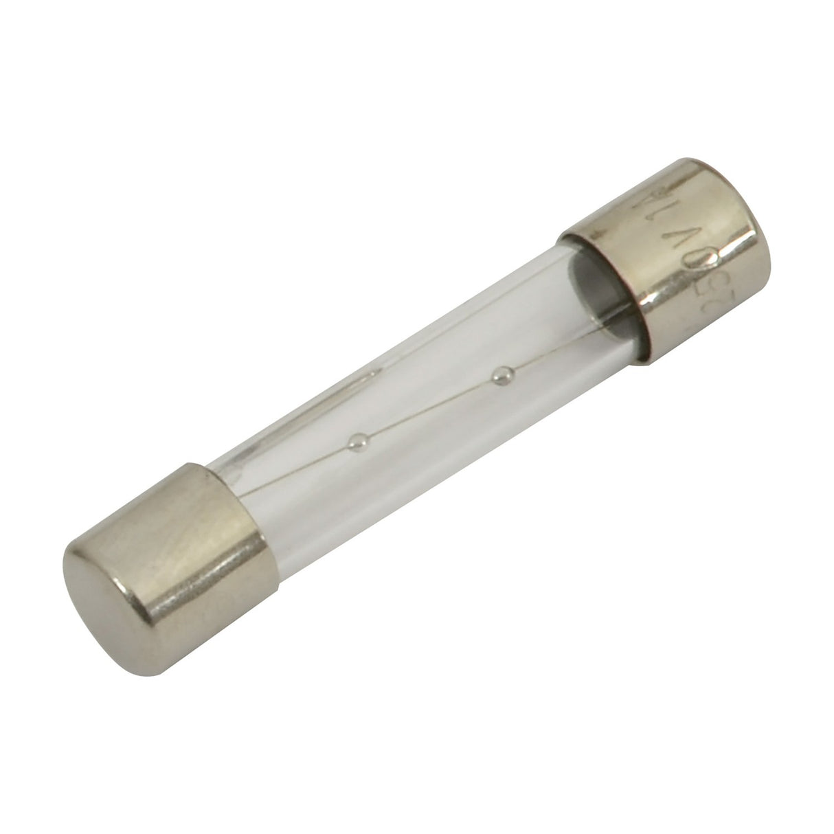 Mercury T2A 6 x 32mm slow blow glass cartridge fuse with nickel end caps and visible internal wire element, shown on a plain white background.
