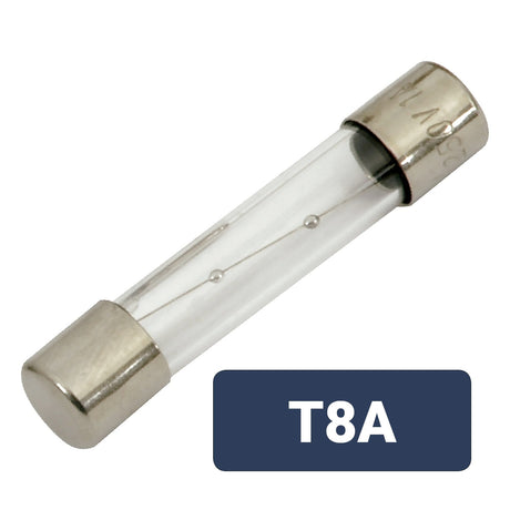 The Mercury 6 x 32mm T8A Slow Blow Fuse features metal-capped glass, is IEC compliant, and is labeled T8A on a dark blue rectangle in the bottom right corner. Suitable for various electrical applications.