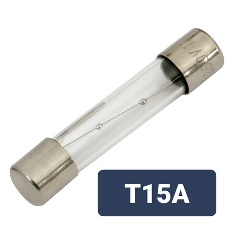 A Mercury 6 x 32mm T15A Slow Blow Fuse with metal end caps is shown at an angle. A label beside the fuse reads T15A in bold white text on a dark blue background.