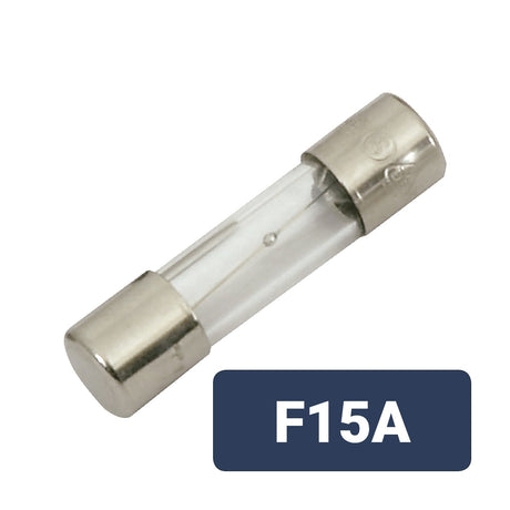 A Mercury 5 x 20mm F15A Quick Blow Fuse with metal end caps is shown at an angle, featuring a label reading F15A in white text on a dark blue background to indicate fast-acting protection.