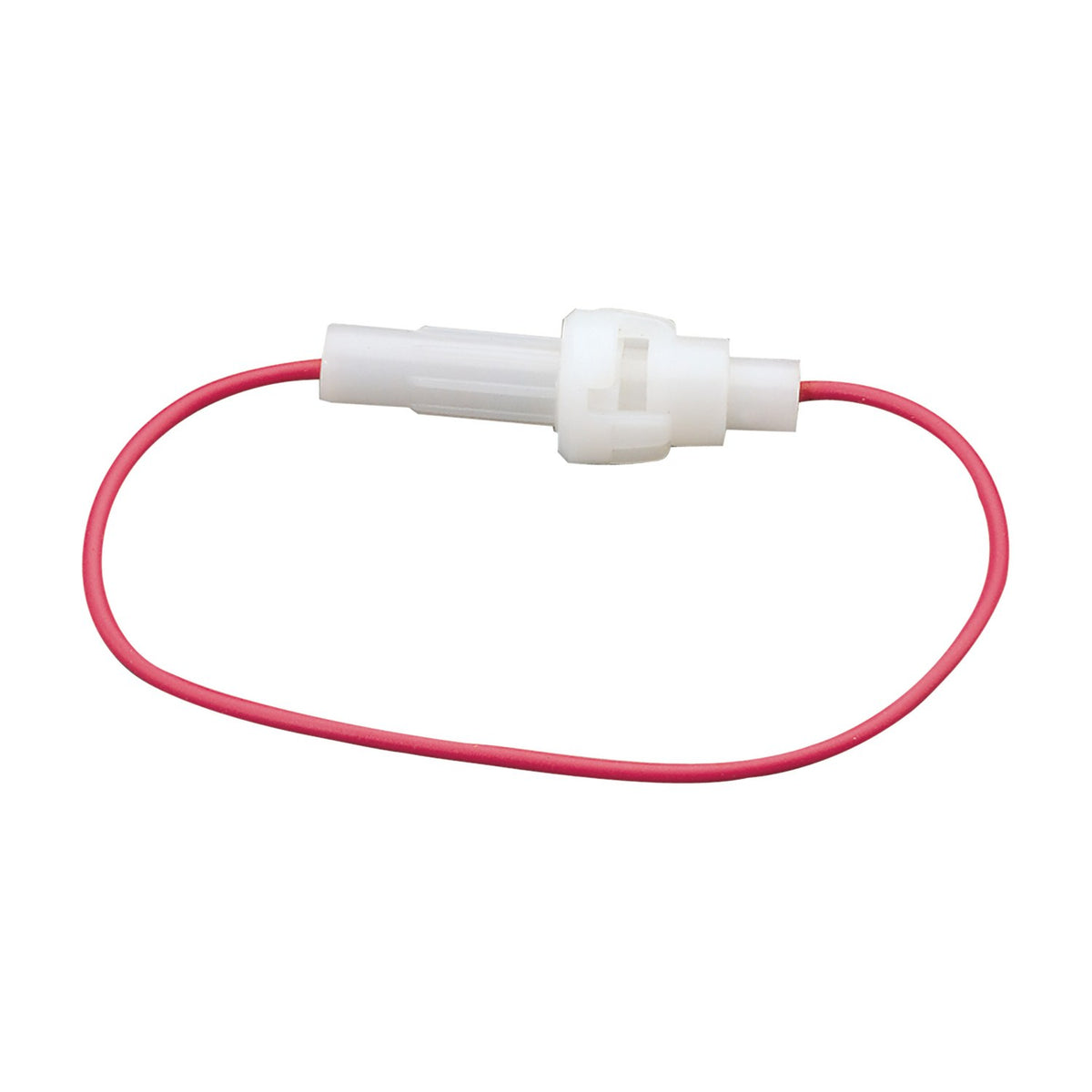 Mercury inline fuse holder with white plastic bayonet housing for 5x20mm glass fuses and 18cm red insulated wire leads, on a white background.